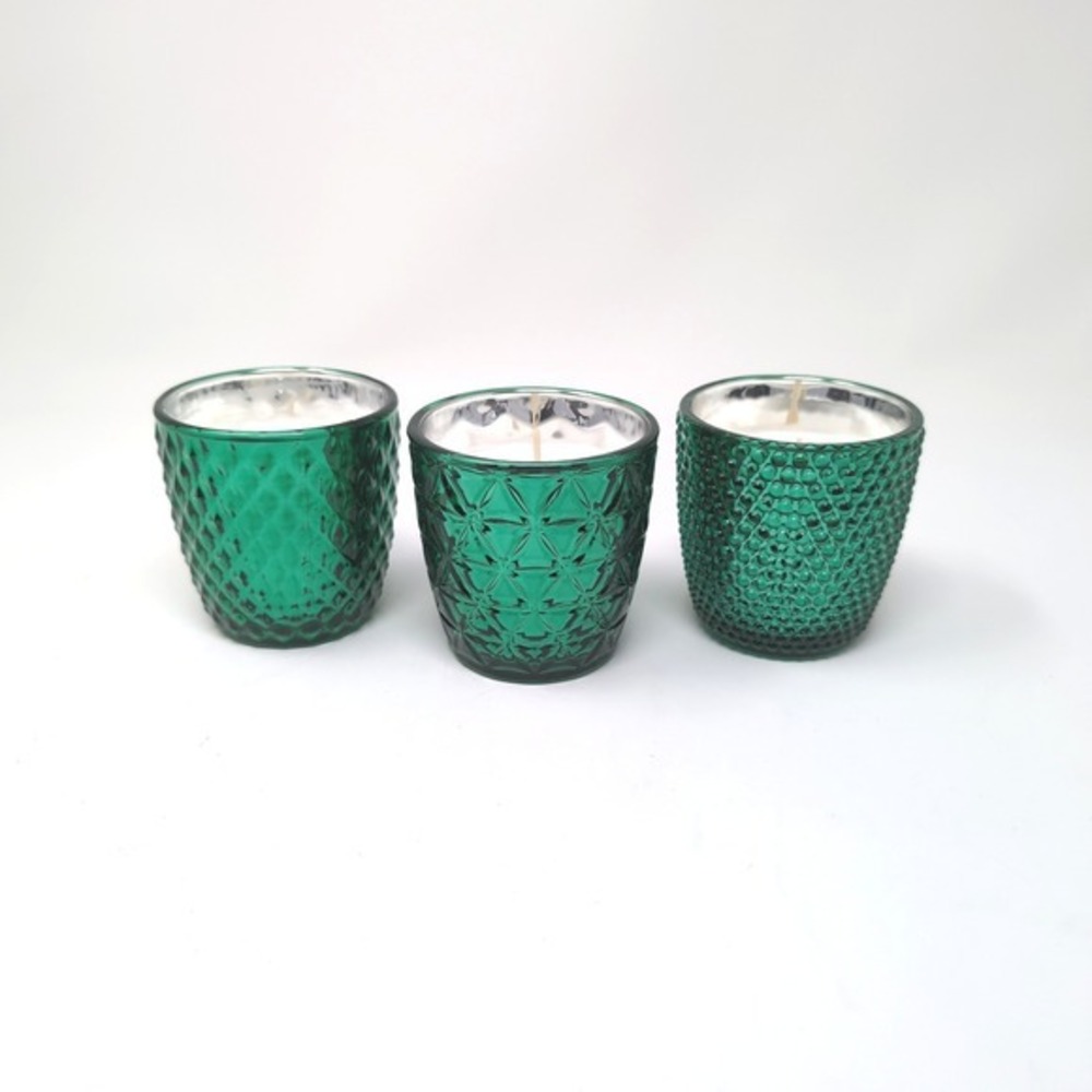 HomeWorx by‎ Slatkin Co 4 oz Festive Glass Candles Frozen Balsam Set of 3 Green